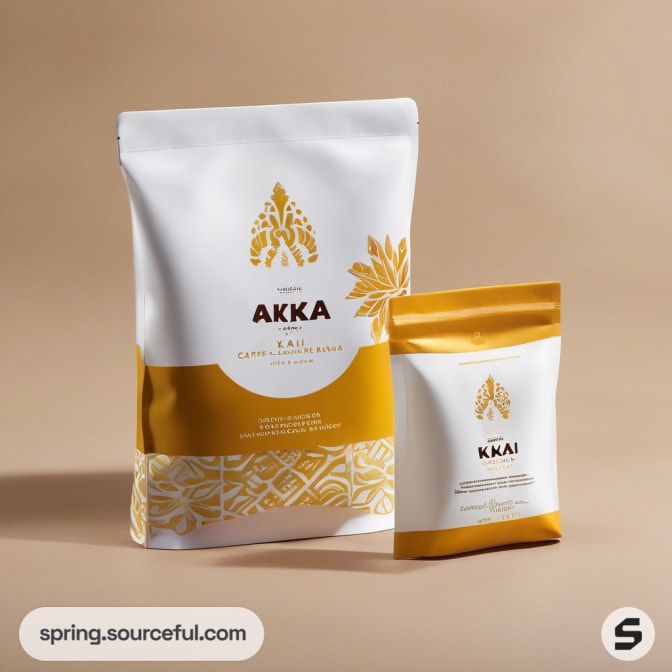 White and gold coffee pouches with abstract patterns.