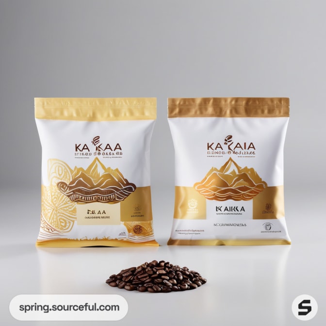 Two resealable coffee pouches with mountain designs.