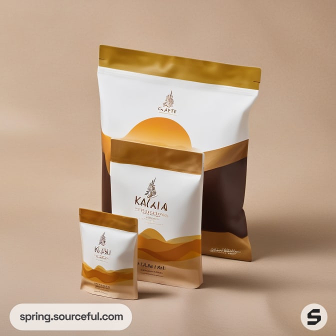 Trio of resealable coffee pouches in beige and gold tones.