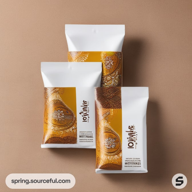 Three white and gold coffee pouches with abstract accents.