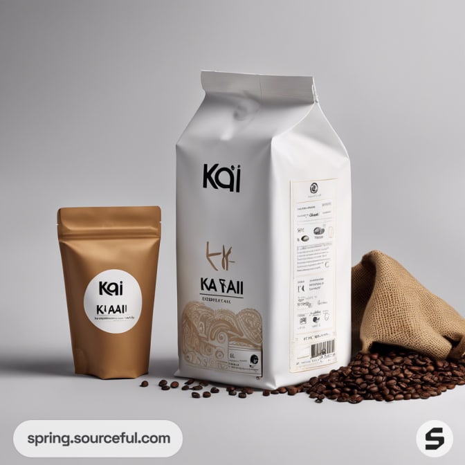 White and brown coffee bags with coffee beans scattered.