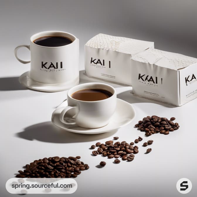 Two white coffee cups with branded boxes and beans.