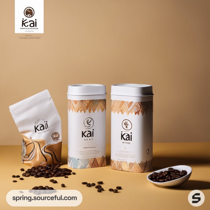 White cylindrical coffee containers with coffee beans.