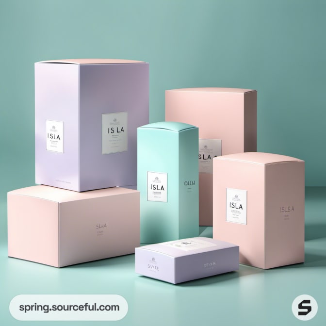 Assorted pastel gift boxes with elegant labels on a teal background.