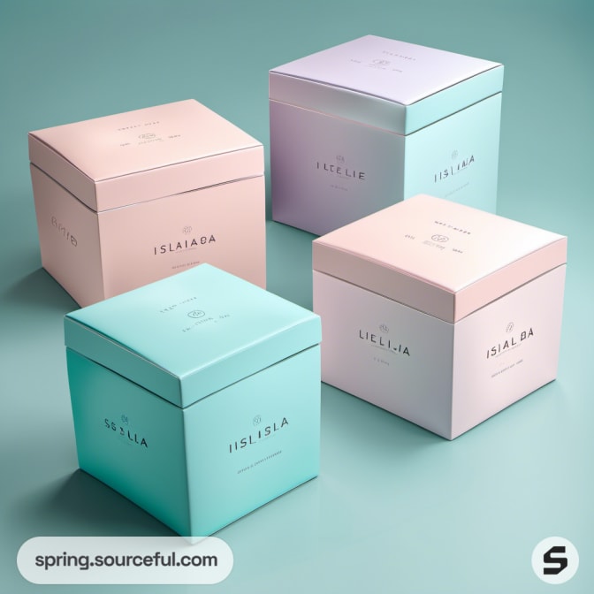 Pastel square boxes in lilac, teal, and blush tones.
