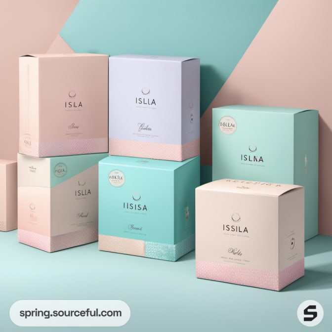 Stacked pastel-colored gift boxes with minimalist branding.