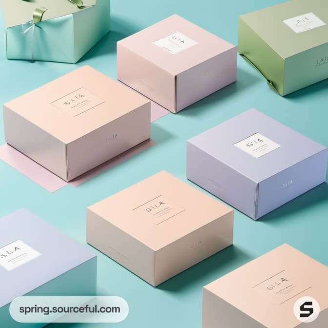 Pastel square boxes arranged on a blue and green background.