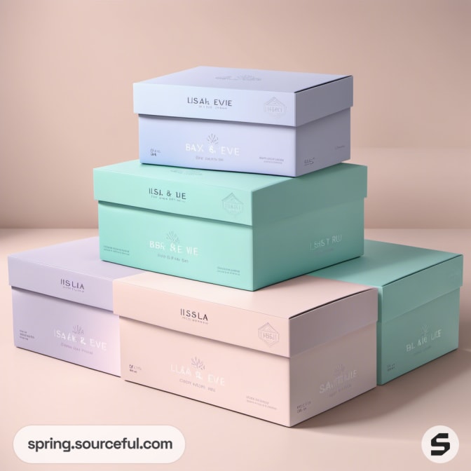 Stacked pastel boxes in pink, teal, and lilac hues.