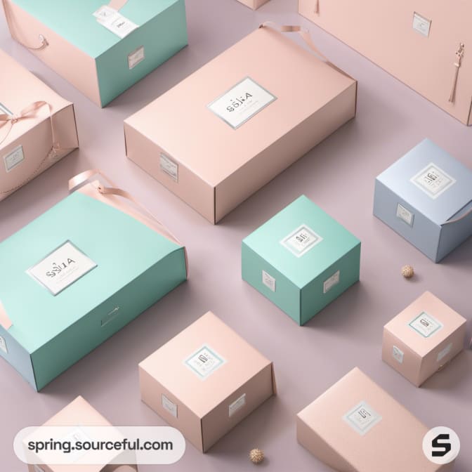 Pastel gift boxes with ribbons on a soft pink surface.