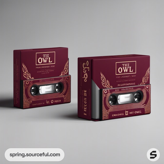 Maroon cassette boxes with owl design, vintage style.