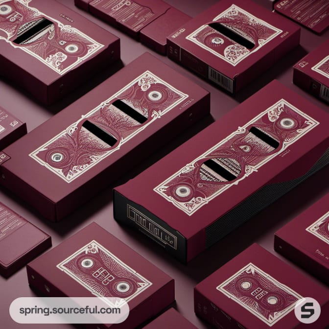 Stacked maroon cassette boxes with intricate designs.
