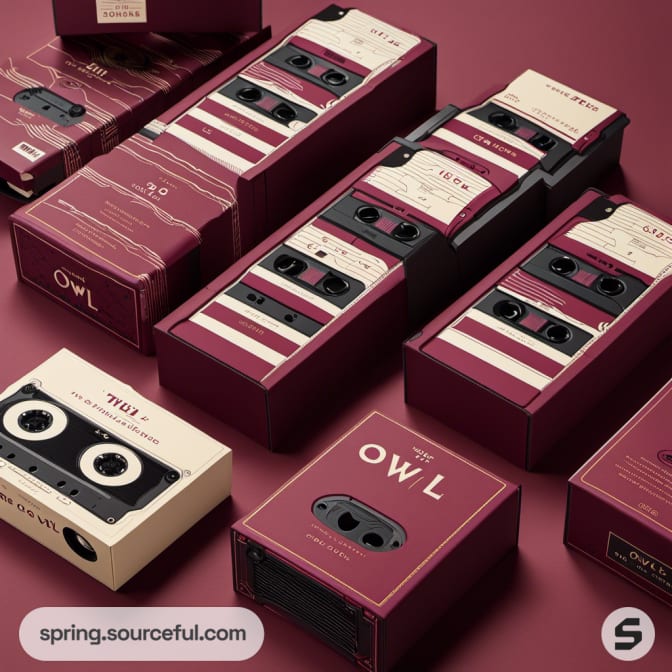 Assorted cassette box packaging in maroon and beige.