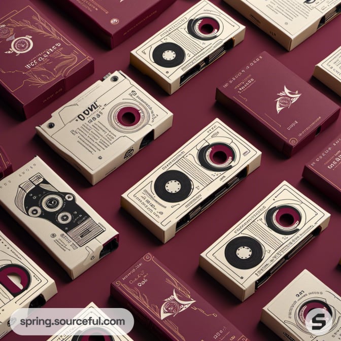 Beige and maroon cassette boxes with detailed graphics.