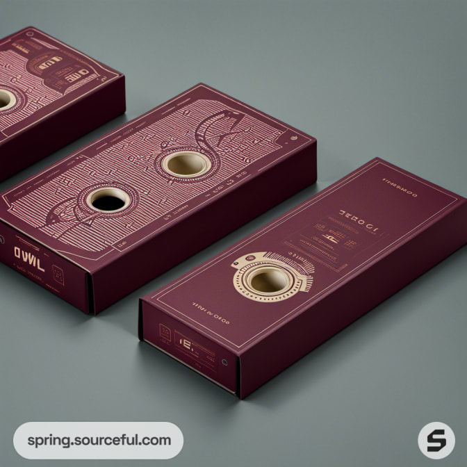 Long maroon boxes with circular cutouts and patterns.