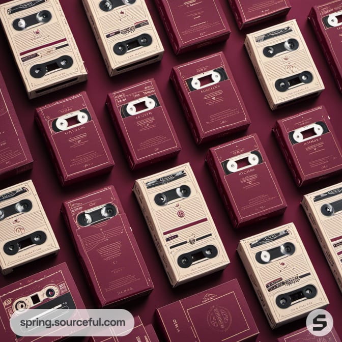 Grid of maroon and beige cassette tape boxes.