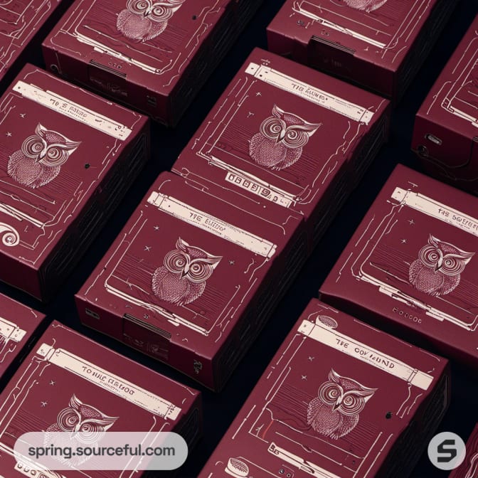Owl-themed maroon cassette boxes in a pattern.