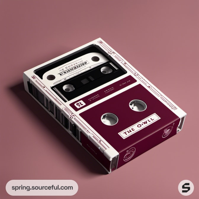 Cassette box with beige and maroon owl design.