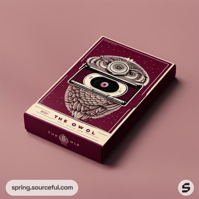 Maroon owl-themed cassette box with vintage artwork.