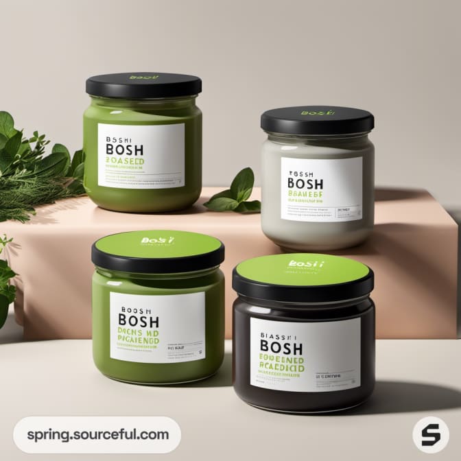 Four jars of green and gray spreads with herbs background