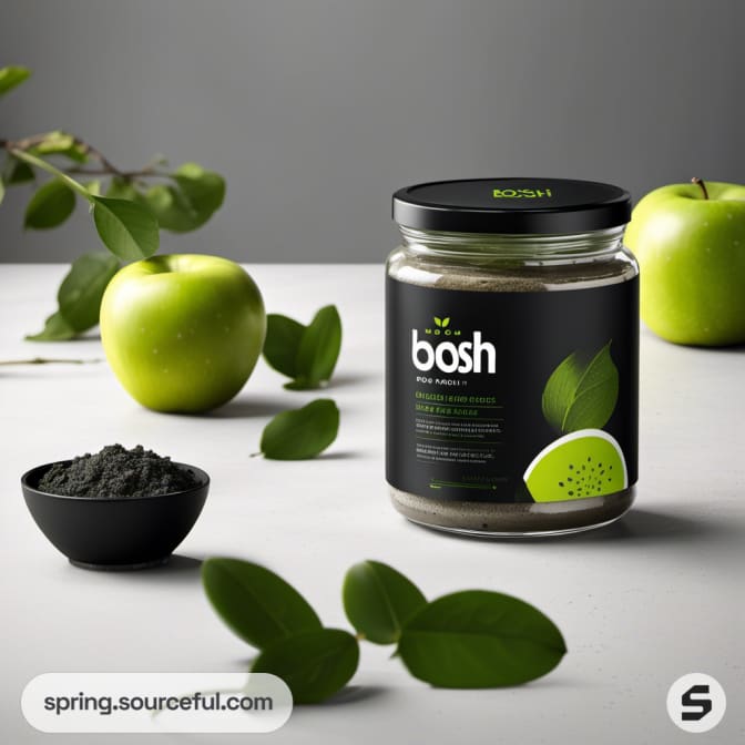 Jar with green apple design and scoop of powder