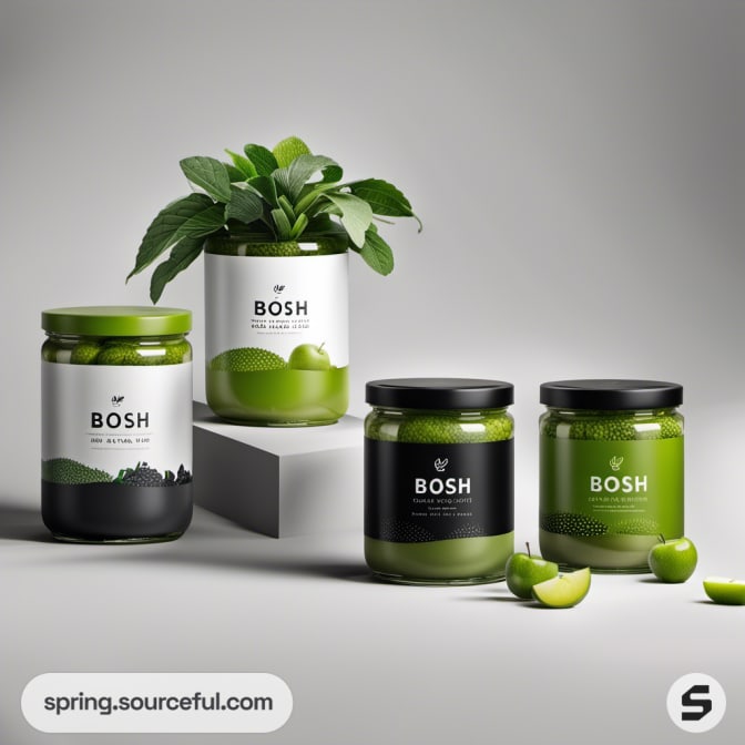Four jars of green spreads and leaves with modern design