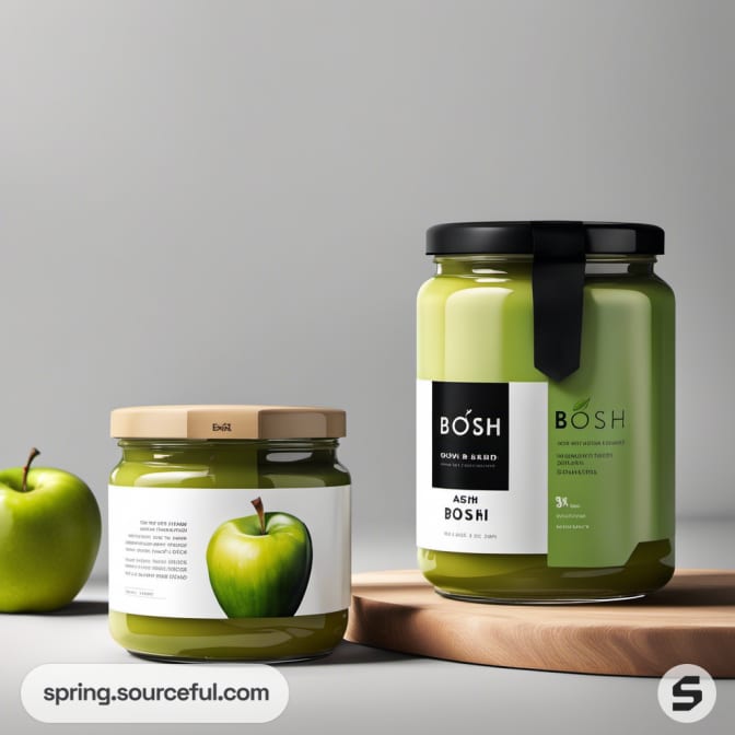 Two jars with green apple spread and minimalist labels