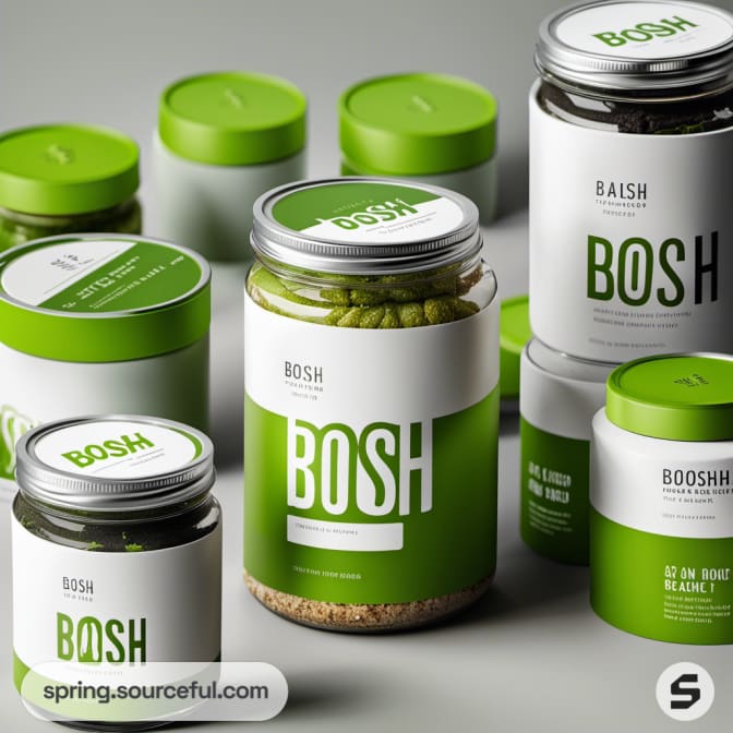 Eight jars with green and white packaging featuring 'BOSH'