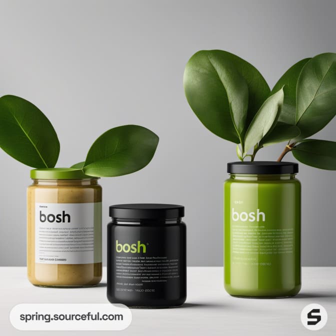Three jars with green, brown, and black leafy design