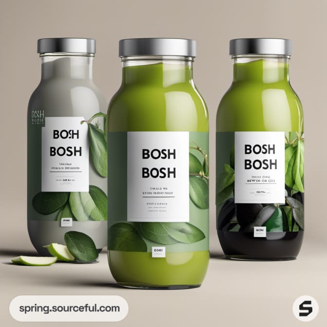 Three bottles with green leaf design and white labels