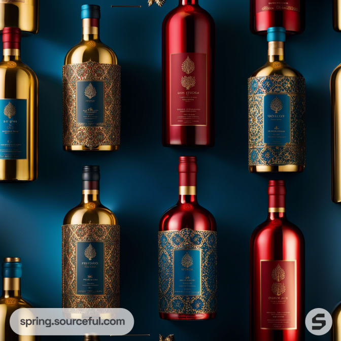 Red and gold wine bottles with ornate blue labels on a blue background.