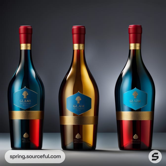 Three elegant wine bottles with red and gold accents, each featuring a blue label against a dark background.