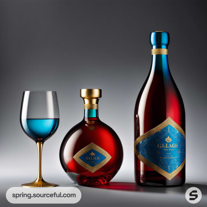 Two elegant bottles with blue and gold labels, next to a filled wine glass, on a gray background.