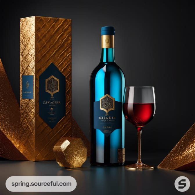 Elegant blue and gold wine bottle with matching box, next to a filled wine glass, all on dark geometric background.