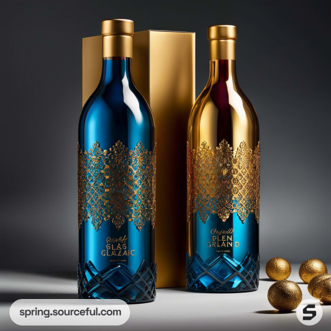 Two elegant liquor bottles with blue and gold designs next to a golden box on a dark background.