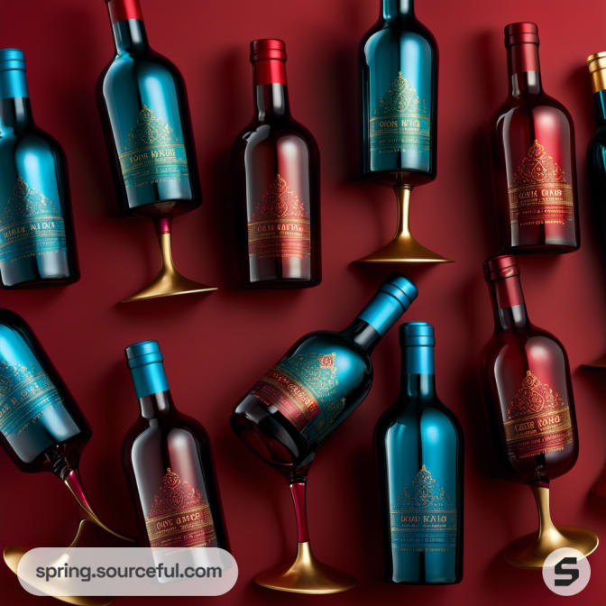 Assorted wine bottles with red and blue labels on a red background.