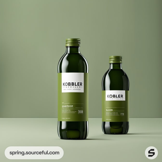 Two green glass bottles with olive labels, set on a green background.