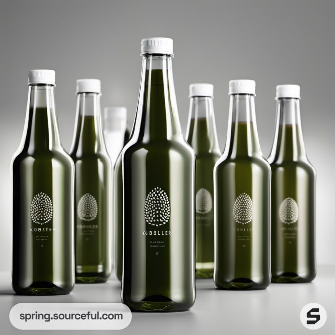 Six green glass bottles with a minimalistic design on a grey background.