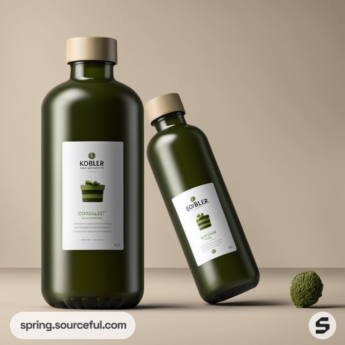 Two green bottles with nature-themed labels, set against a beige background.