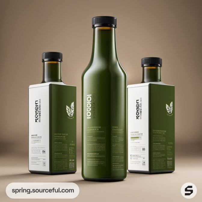 Three olive-colored square bottles with black caps on a beige background.