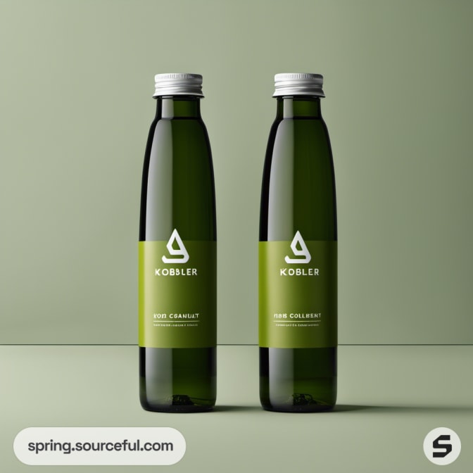 Two green bottles with minimalist design labels on a green background.