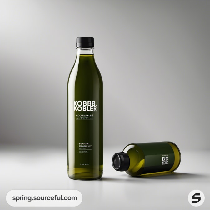 Two green bottles on a grey gradient background, one standing, one lying down.