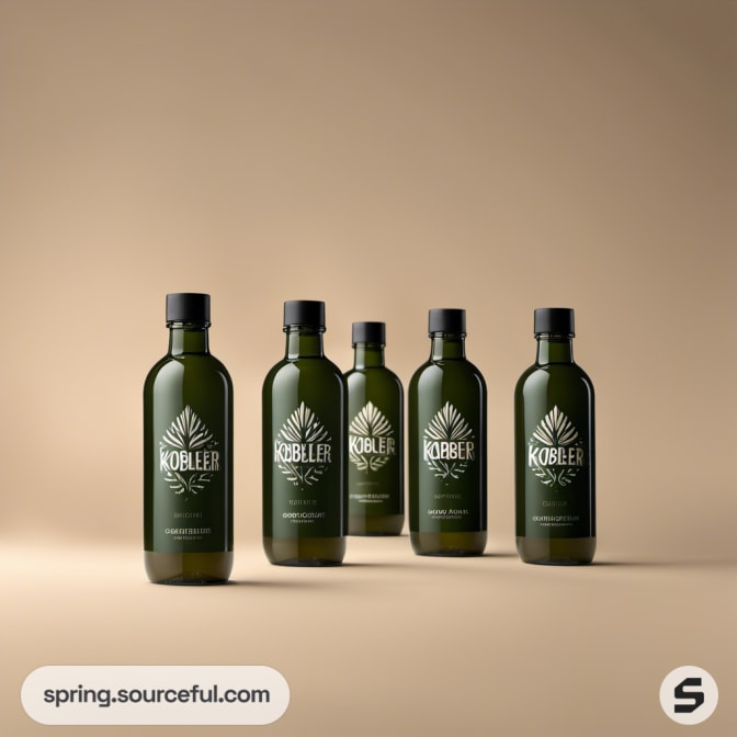 Five green bottles with palm leaf design on a light brown background.
