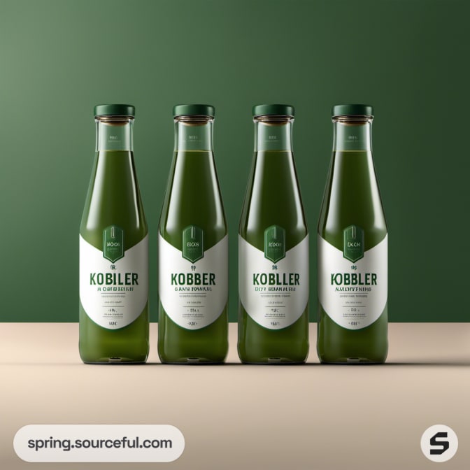 Four green bottles with white labels on a green background.