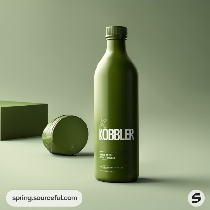 Green bottle with bold text next to a small green container.
