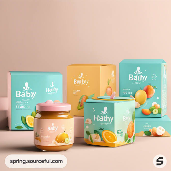 Colorful baby food packaging with fruit illustrations, including jars and boxes in teal and peach hues.