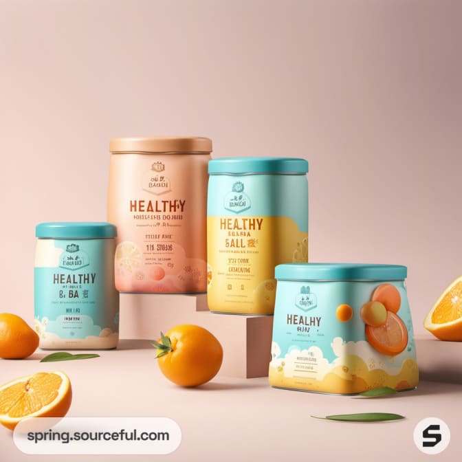 Assorted healthy food containers with vibrant fruit designs, featuring peach and orange tones.