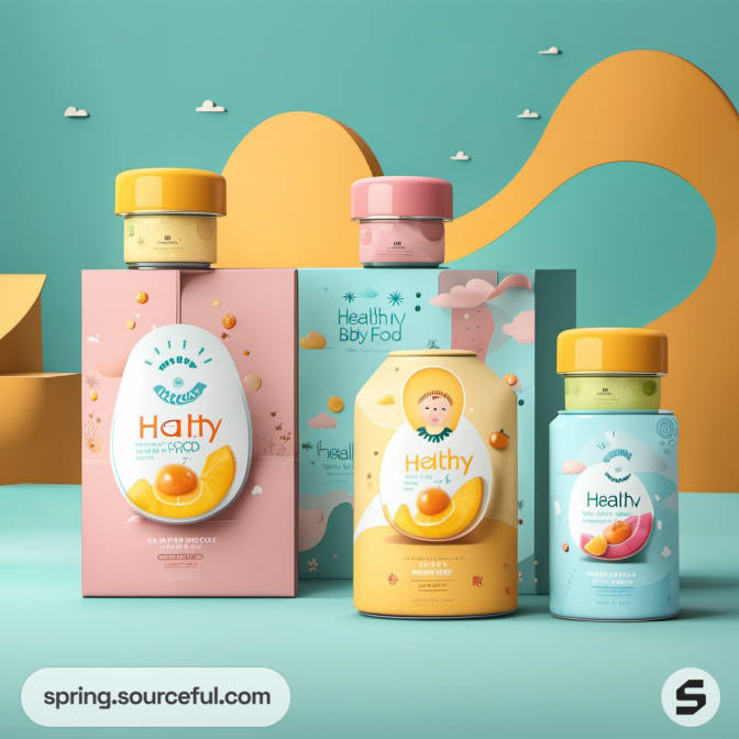 Baby food bottles and boxes in pastel colors with playful fruit graphics on a teal background.