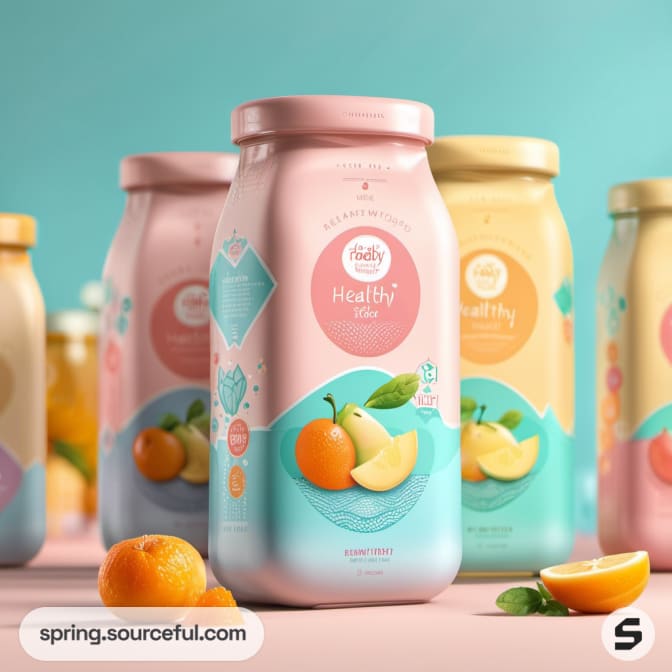 Large, pastel-hued bottles with fruit illustrations, displaying various baby food flavors.