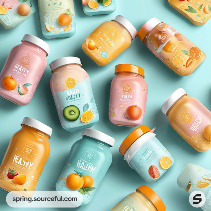 Various baby food jars and pouches with colorful fruit designs scattered on a teal backdrop.