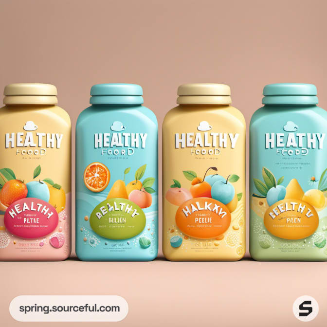 Series of pastel-colored bottles labeled 'Healthy Food,' with fruit illustrations on the packaging.